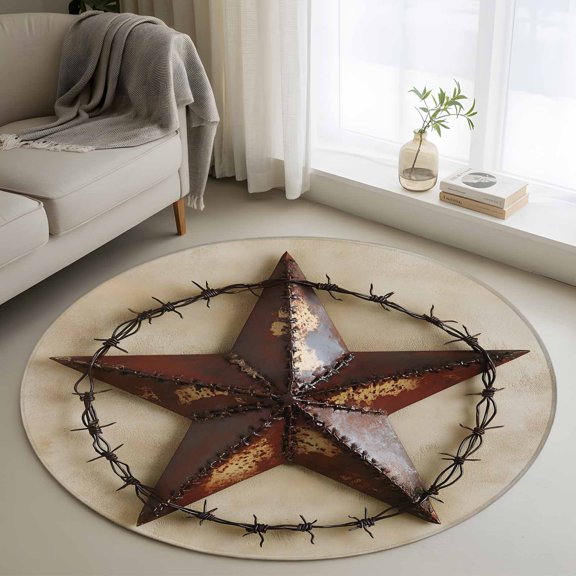 Vintage Style Abstract Pentagram Washable Round Area Rug 3 ft, Independence Day, Soft Non Slip Rugs Stain Repellent Indoor Felt Carpet for Living Dining Room Bedroom Home Office