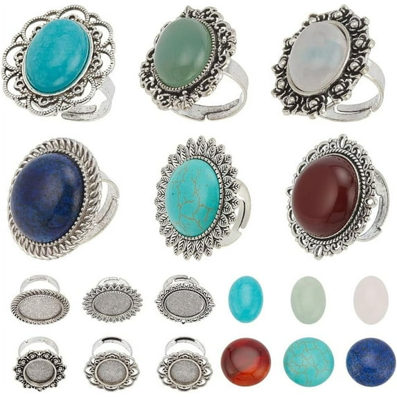 Vintage Style Adjustable Ring Blank Gemstone Cabochon Ring Settings Round Oval Blank Rings Flat Cabochons for DIY Adult Rings Making Jewelry Making Supplies