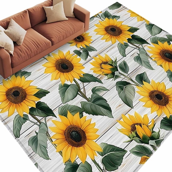 Vintage Style Area&nbsp;Rug 5x7ft Sunflower Gray Wood Grain Botanical Farmhouse Non-Slip&nbsp;Washable Square&nbsp;Rugs Soft Felt Indoor Floor Mat for Bedroom Kitchen Living Room Bathroom