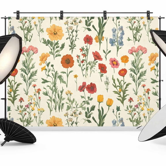Vintage Style Backdrop for Photography, Poppies Wildflowers Watercolor Plants Herbs Photo Backdrop Portrait Background Party Banner Photo Backgrounds for Studio Booth Props, 7x5ft