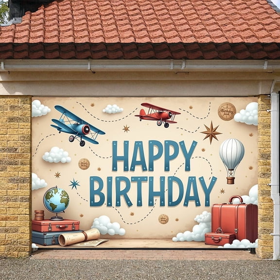 Vintage Style Banner Travel Theme Adventure Backdrop Airplane Design Hot Air Balloon Pattern Retro Party Background for Birthday Party Travel Theme Party Kids Birthday