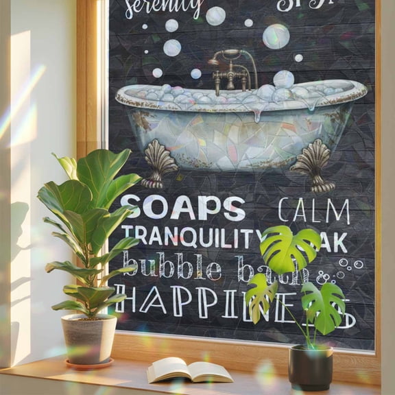 Vintage Style Bathtub White Word Window Privacy Film, Rainbow Film Decorative Window Sticker 17.7x39.3in, Black Wood Board Sun Blocking Static Stained Glass Cling Tint Non-Adhesive