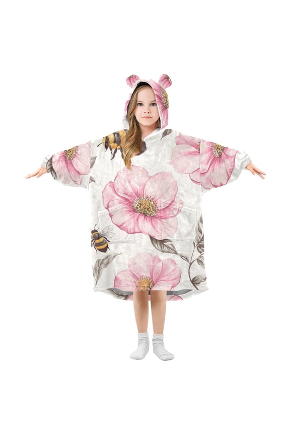 Vintage Style Bees Leaves Florals Flannel Wearable Blankets Hooded Design Long Sleeves Wrap Unisex for 3T-14Y M