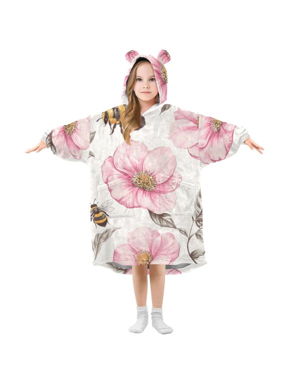 Vintage Style Bees Leaves Florals Flannel Wearable Blankets Hooded Design Long Sleeves Wrap Unisex for 3T-14Y S