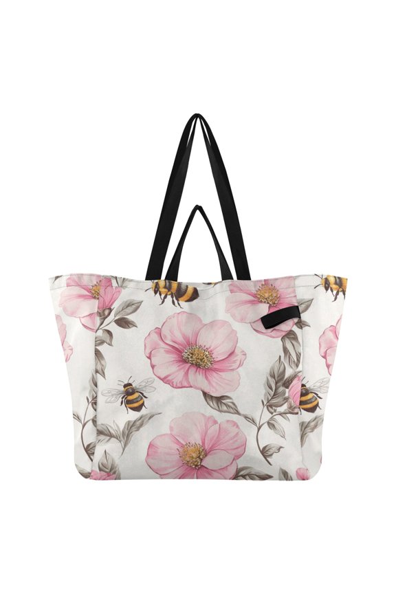 Vintage Style Bees Leaves Florals Foldable Canvas Tote Bags Reusable Grocery Bags Laundry Bags Beach Bag 32L