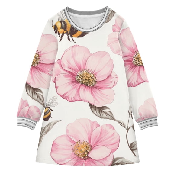 Vintage Style Bees Leaves Florals Long-sleeved Dress A-line One-Piece Dress for 2-8 Years Casual Party 3T