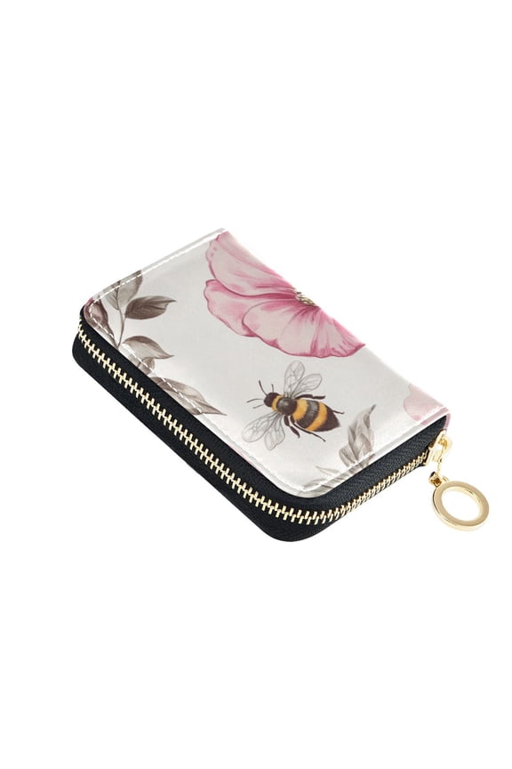 Vintage Style Bees Leaves Florals Women's Credit Card Holder PU Leather Zipper Wallet RFID Blocking