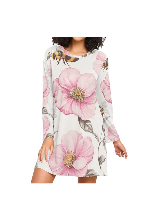 Vintage Style Bees Leaves Florals Women's Long Sleeves Nightgowns Sleepwear Soft Pajama A-line Sleep Dress XXXL