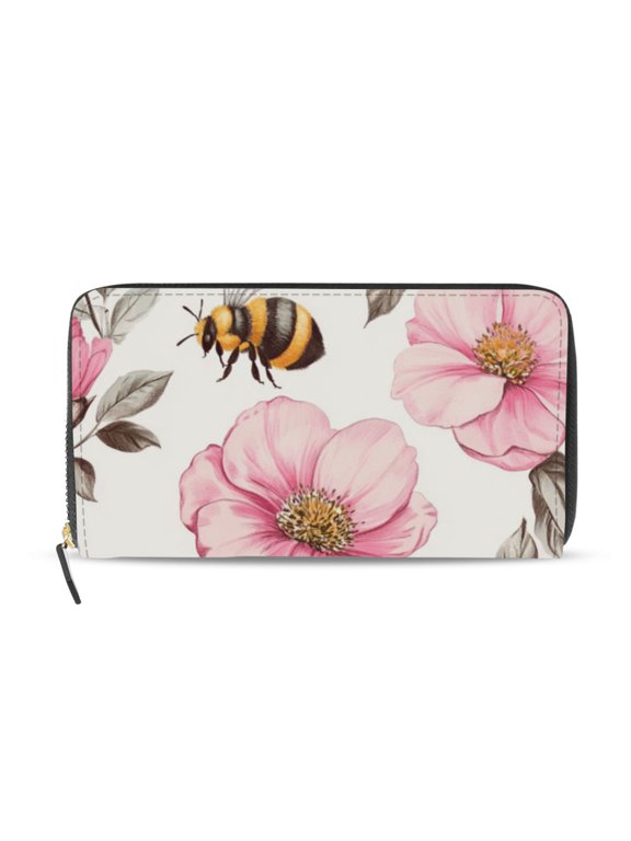 Vintage Style Bees Leaves Florals Women's Long Zipper Wallet Bifold Clutch Purse PU Leather Card Cases