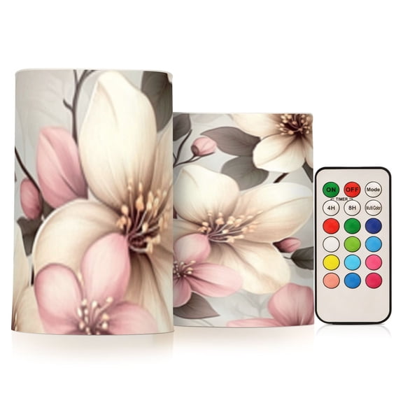 Vintage Style Beige Flowers Flickering Flameless Candles Battery Operated with Remote Timer LED Pillar Candles Set of 2