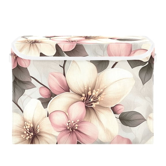 Vintage Style Beige Flowers Large Storage Bins with Linen Collapsible Lid Storage Box 16.7 x 12.6 x 11.8in