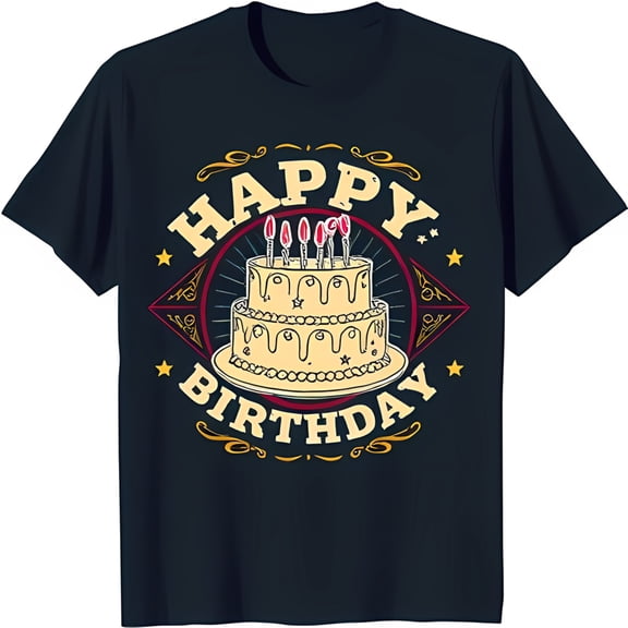 Vintage Style Birthday Cake Graphic on Dark Blue T-Shirt Retro Aesthetic