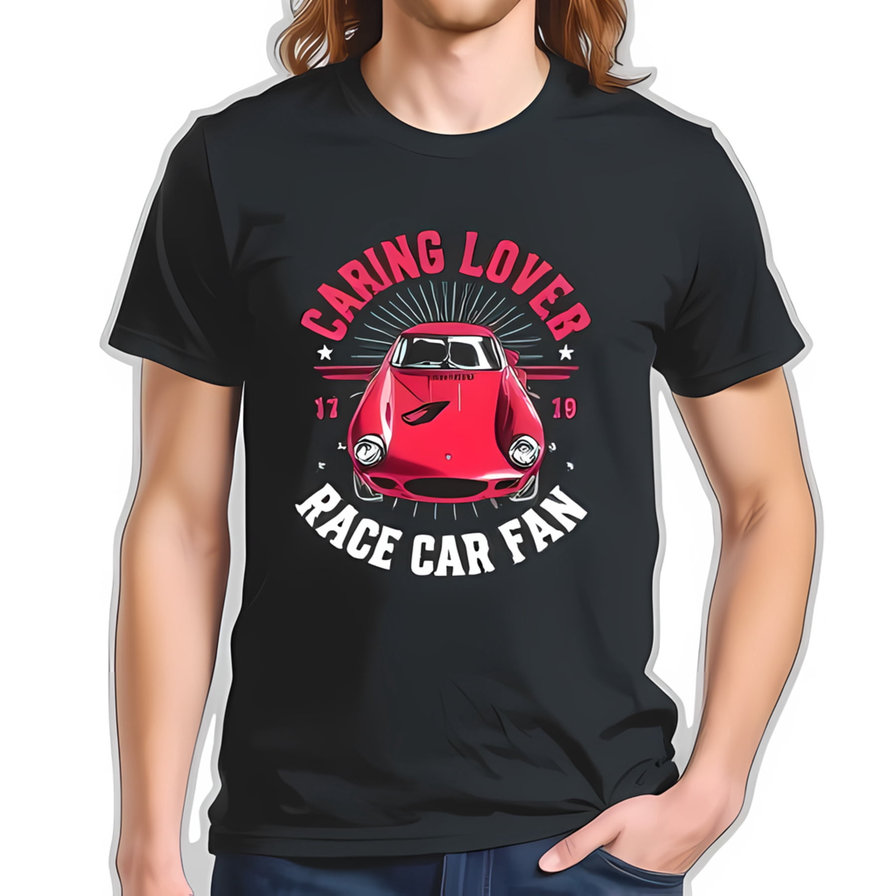 Vintage-Style Black Cotton Short Sleeve T-Shirt with Red Race Car ...