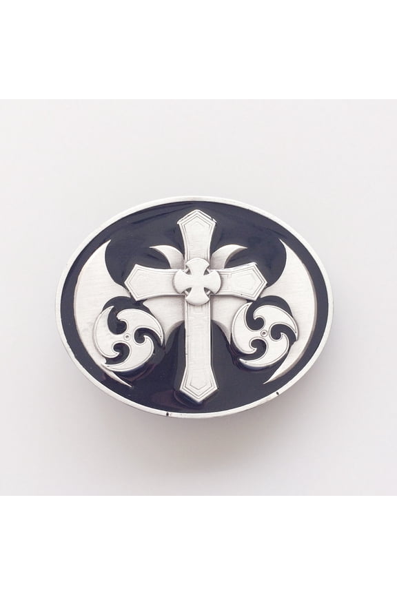 Vintage Style Black Enamel Celtic Cross Oval Belt Buckle