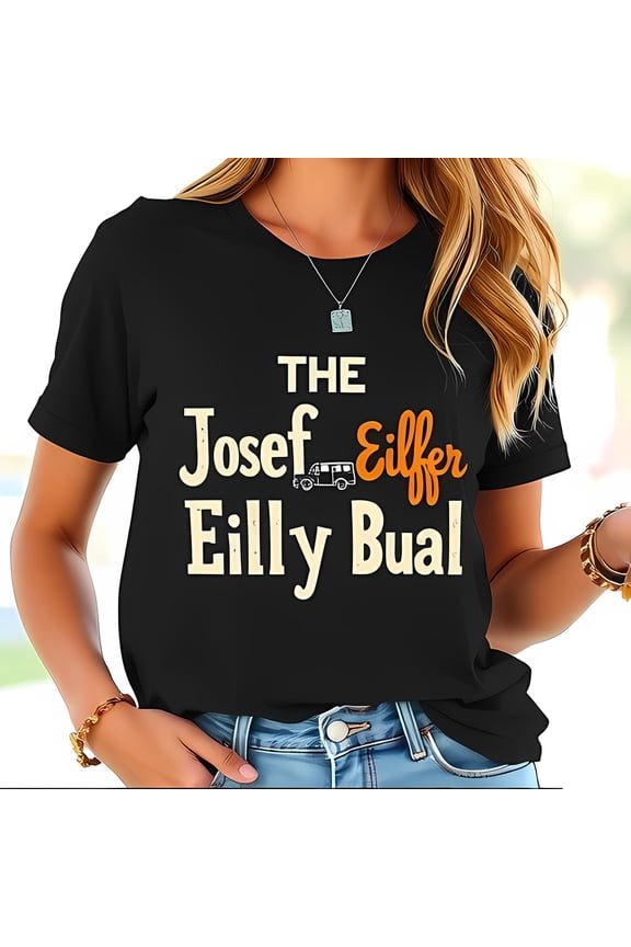 Vintage Style Black T-Shirt for Women - 'The Josef Eiffer & Eilly Bual' Design with Van Illustration - Relaxed Fit Casual Tee