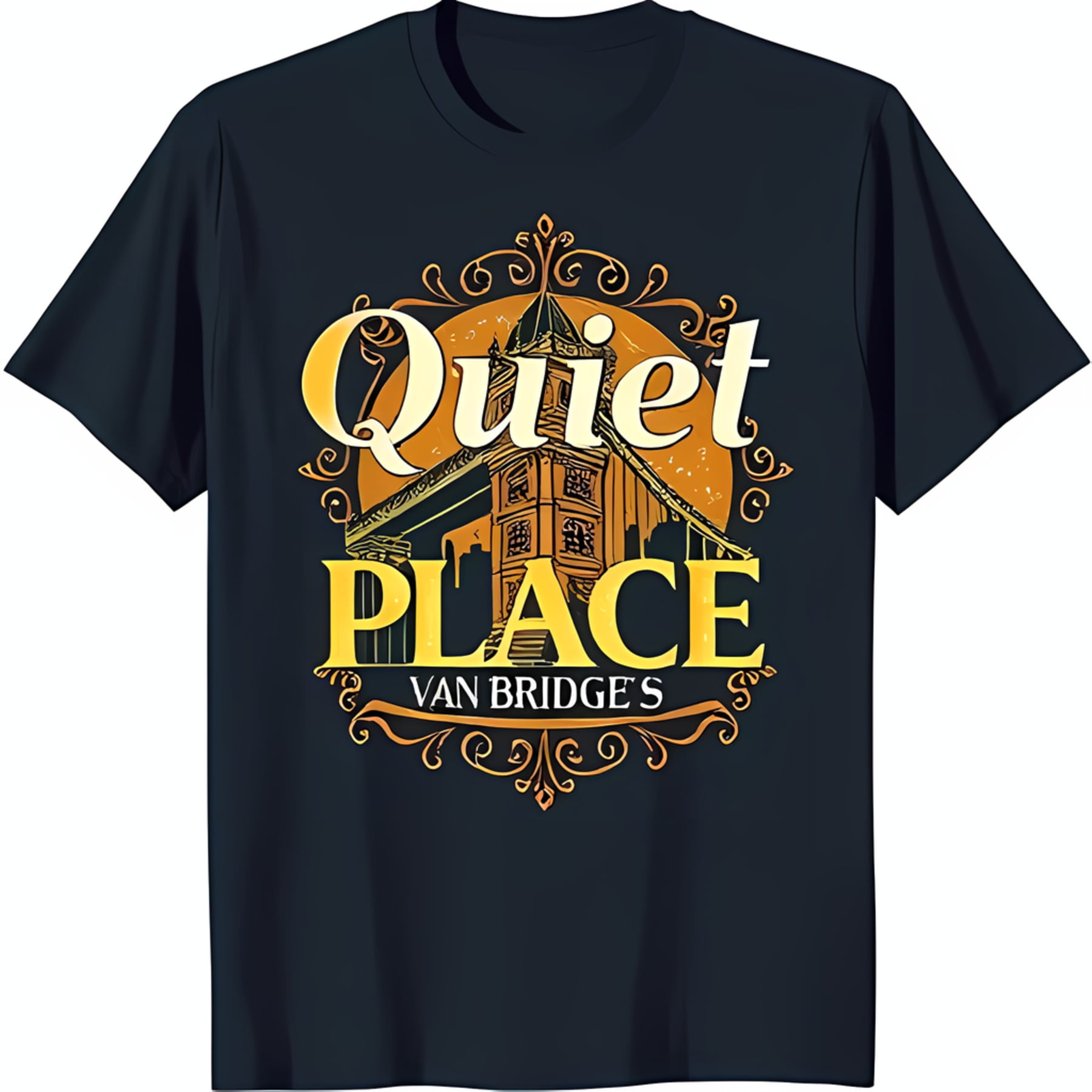 Vintage Style Black TShirt with Bridge Graphic & 'Quiet Place Bridge's
