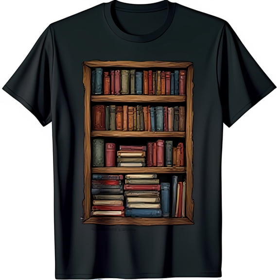 Vintage Style Black T-Shirt with Graphic Wooden Bookshelf & Colorful