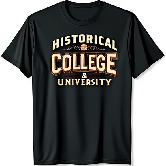 Vintage Style Black T-Shirt with 'Historical College & University' Gold & Brown Graphic