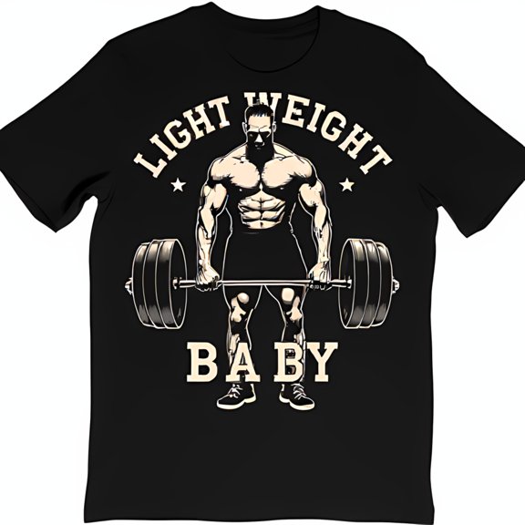 Vintage Style Black T-Shirt with Muscular Man Lifting Barbell Light Weight Design