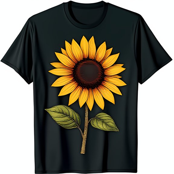Vintage Style Black T-Shirt with Off Center Sunflower Print Unique Floral Design