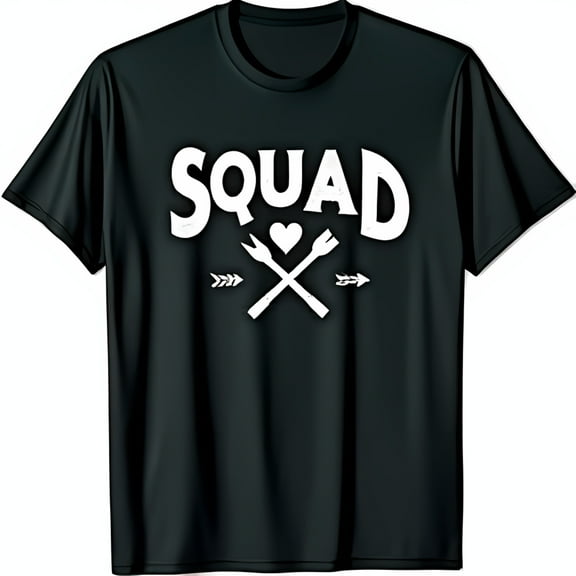 Vintage Style Black T-Shirt with 'SQUAD' Graphic Heart & Crossed Forks Design