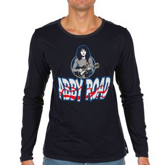 Vintage Style Blue Long Sleeve T-Shirt with Guitarist Graphic and 'ABBY ROAD' Text Soft Rock & Roll Theme