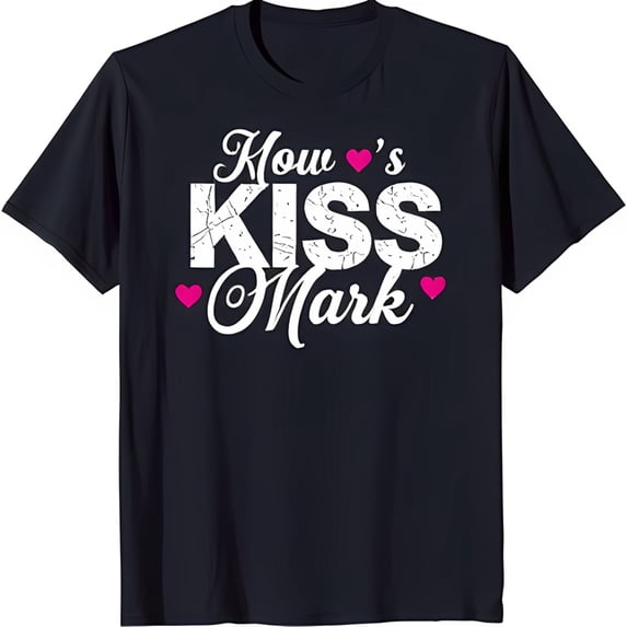 Vintage Style Blue T-Shirt with 'How's Kiss Mark' Graphic & Pink Hearts