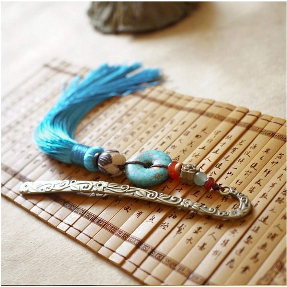 Vintage Style Buddha Carved Bronze Bookmark with Tassel Agate, Jade, and Turquoise - Shanali Jewelry