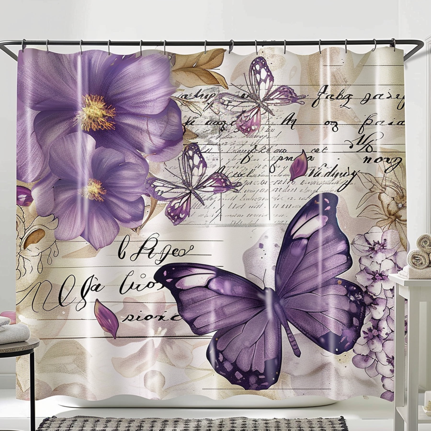 Vintage Style Butterfly Purple Flowers Shower Curtain with Floral and