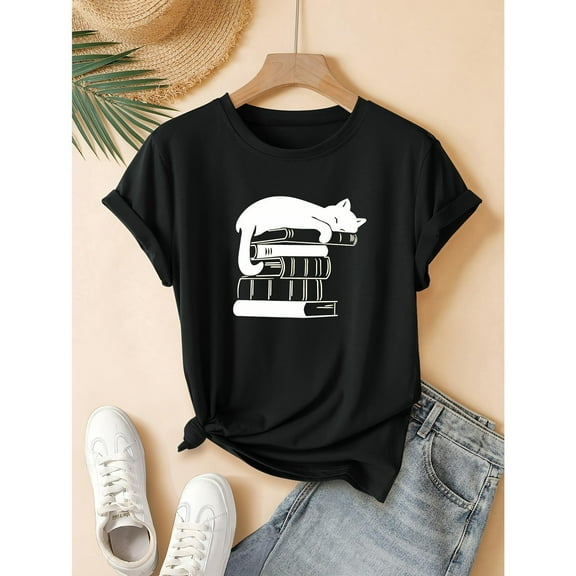 Vintage Style Cat and Book Print Women'S T-Shirt Black S-5XL Polyester T Shirt Womens Vintage Reading Design Top Casual Summer Short Sleeve Round Neck Breathable Lightweight Sports Comfortable Street
