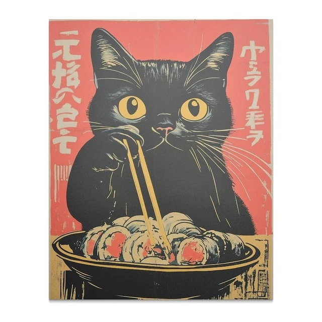 Vintage Style Cat Eating Sushi Wall Art Print, Unique Cat Poster For ...