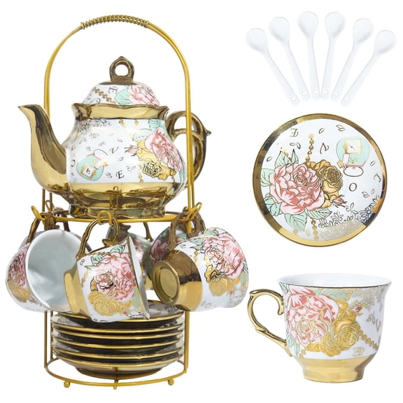 VintageStyle Ceramic Tea Set for 6 Persons, GoldPlated Red Rose Decoration, Porcelain Teapot Complete Set, for Adult Tea Party and Women Gift