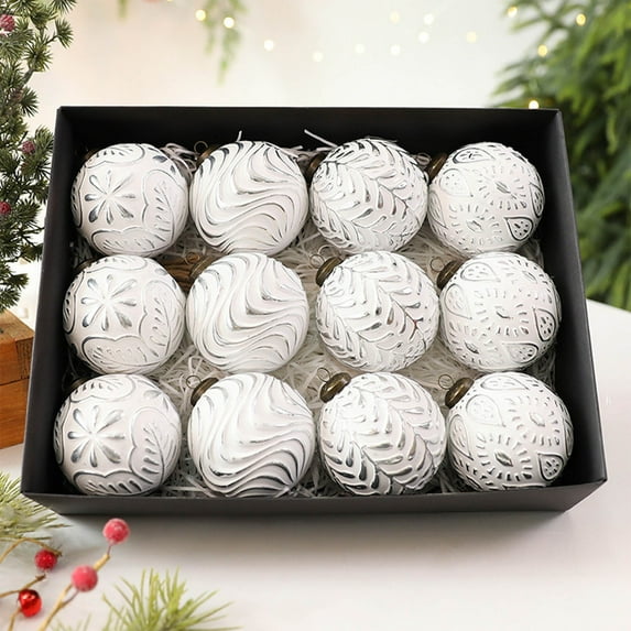 Vintage Style Christmas Ball Ornaments Set of 12 Pcs 8cm, Antique Finish Holiday Baubles in Elegant Gift Box for Traditional Tree Decor