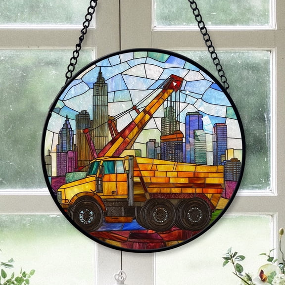 Vintage Style Christmas Gift - Construction Truck Stained Glass Hanging Ornament - Snow-Dusted Pines Christmas Tree Decor, Gift for Family & Friends, Keepsake 2025