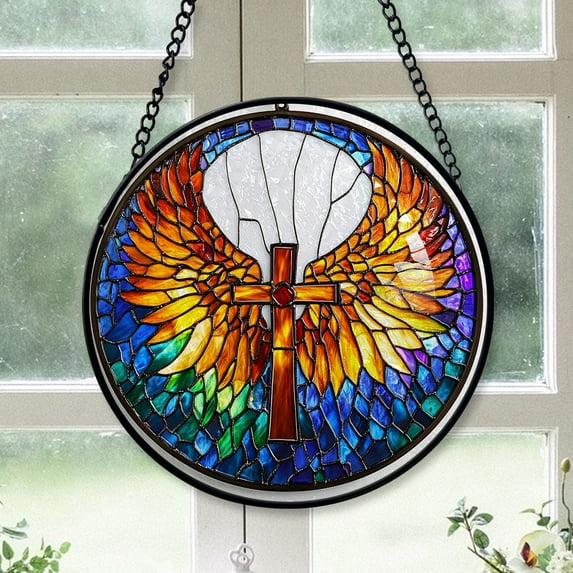 Vintage Style Christmas Gift - Jesus Cross Wings Stained Glass Hanging Ornament for Christmas - Sparkling Tree Decoration, Great Holiday Gift for Mom, Dad, Friends, Family