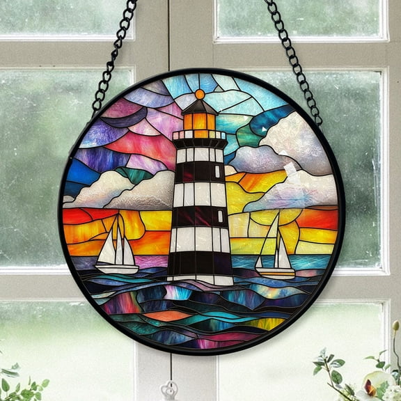 Vintage Style Christmas Gift - Lighthouse Stained Glass Hanging Ornament - Snowy Christmas Tree Decor, Ideal Holiday Gift for Family & Friends, 2025 Keepsake