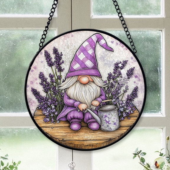 Vintage Style Christmas Gift - Purple Gnome Elf Lavender Painted Flowers All Season Stained Glass Hanging Ornament - Snowy Christmas Tree Decor, Ideal Holiday Gift for Family & Friends, 2025 Keepsake