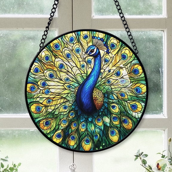 Vintage Style Christmas Gift - Retro Peacock Bird Feathers Stained Glass Hanging Ornament - Winter Wonderland Christmas Tree Decoration, Holiday Gift for Family, Friends, Mom & Dad