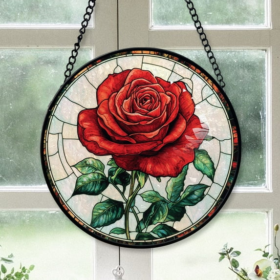 Vintage Style Christmas Gift - Rose Stained Glass Hanging Ornament - Winter Wonderland Christmas Tree Decoration, Holiday Gift for Family, Friends, Mom & Dad