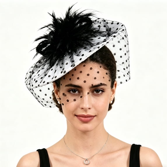 Polka Dot Tulle Fascinator Hat with Feather Cluster for Wedding Derby Church Tea Party Formal Side Clip Headpiece