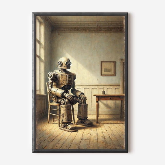 Vintage Style Clunky Robot Sitting on Chair Unique Scifi Wall Art