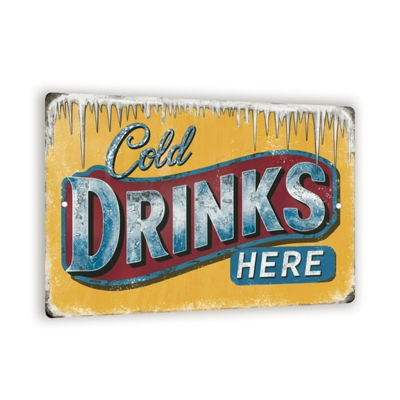 Vintage-Style "Cold Drinks Here" Sign - Rustic Yellow and Blue Wall Decor with Icicles - Perfect for Outdoor or Indoor Use