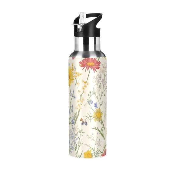 Vintage Style Colorful Cosmos Bipinnatus Sports Bottle with Straw Stainless Steel Water Jug Portable Thermal Cup Leak-proof 1000ML