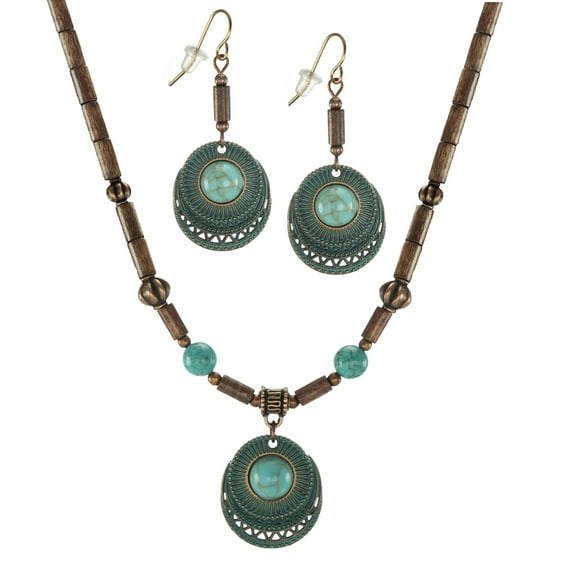 Vintage Style Copper Patina Turquoise Wood Beaded Necklace and Earring Set-20