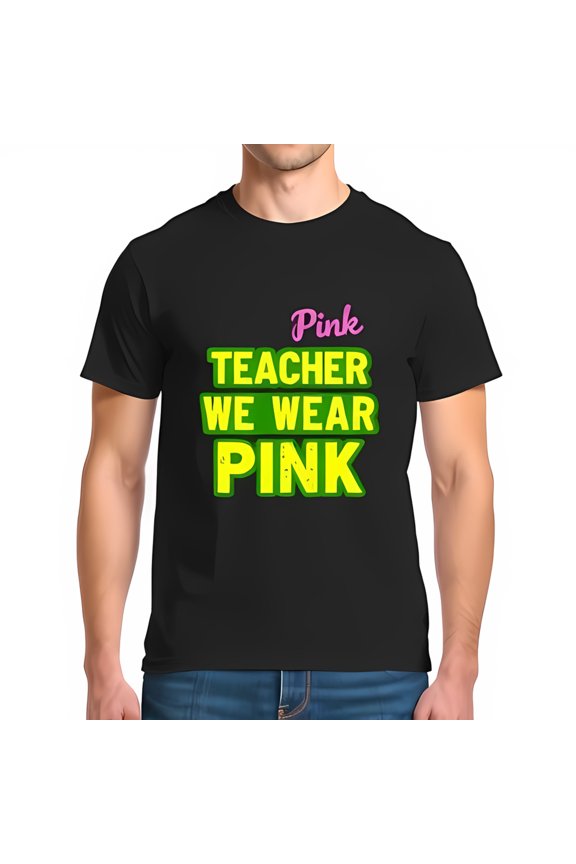 Vintage Style Cotton Short Sleeve T-Shirt - " Pink Teacher We Wear Pink " in Bright Green & Pale Pink Design
