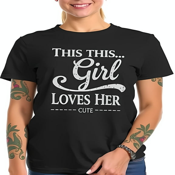 Vintage-Style Cotton Short Sleeve T-Shirt - " This This Girl Loves Her Cute " Graphic Design Texture Casual & Playful Look