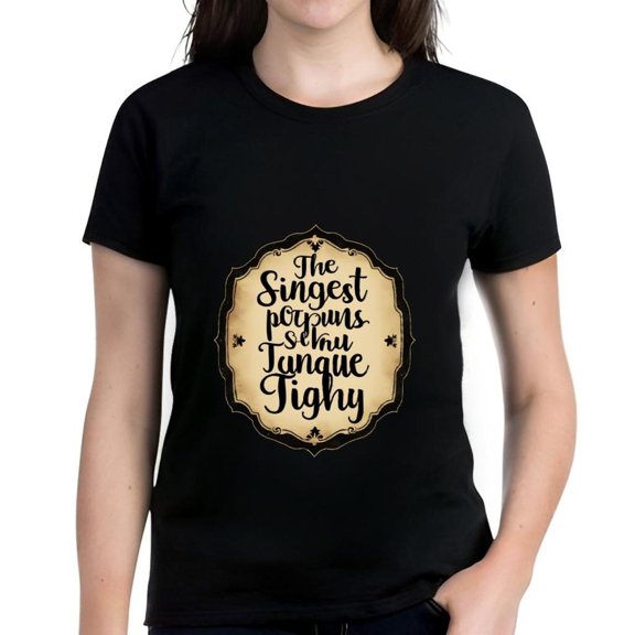 Vintage - Style Cotton Short Sleeve T-Shirt for Women - " The Singest Popuns Señh Tongue Tingly " Design with Decorative Border and Star Embellishments on Black Background