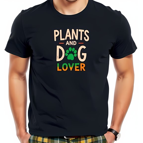 Vintage Style Cotton Short Sleeve T-Shirt for Plant and Dog Lovers - Multi-Colored Graphic Design with Print