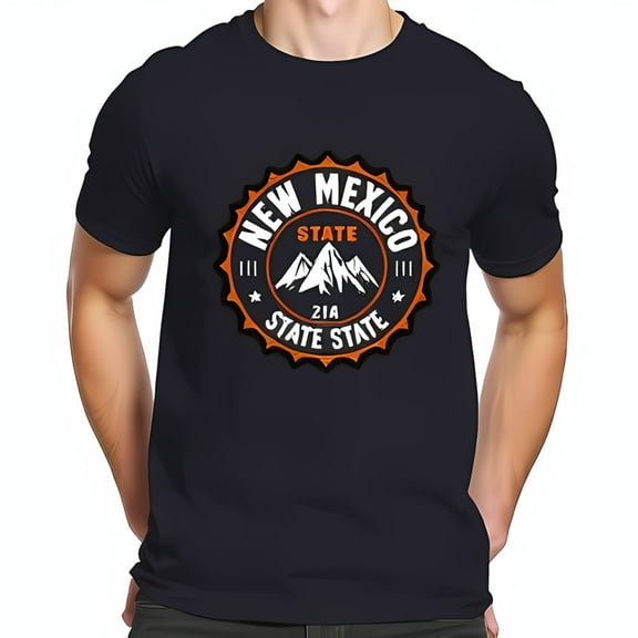 Vintage Style Cotton Short Sleeve T-Shirt with 'NEW MEXICO STATE' Design Orange Bottle Border & Mountain Graphic Size Options Available
