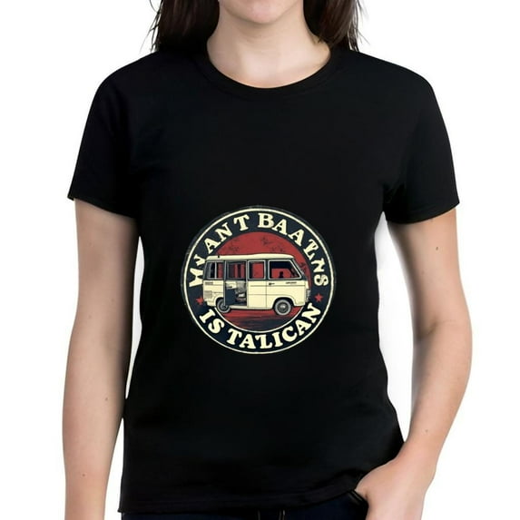 Vintage Style Cotton Short Sleeve T-Shirt with Retro Van Design - " MAANT BAATENS IS TALICAN " - Red Background & Blue Border